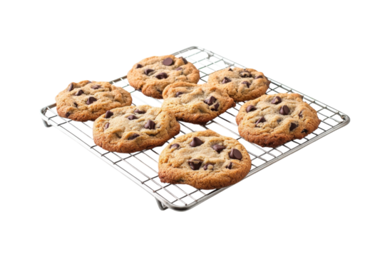 Freshly baked chocolate chip cookies cooling on a wire rack in a bright kitchen setting isolated on transparent background