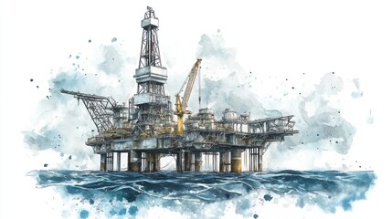 Watercolor illustration of an offshore oil rig at sea.