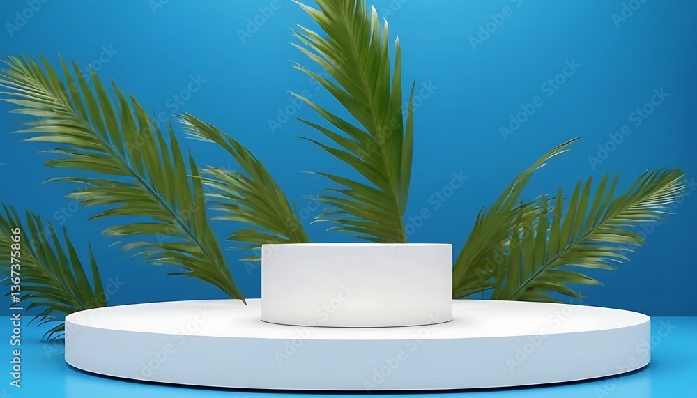 Poster white podium shelf or empty pedestal display on vivid blue summer background with palm leaf pattern.