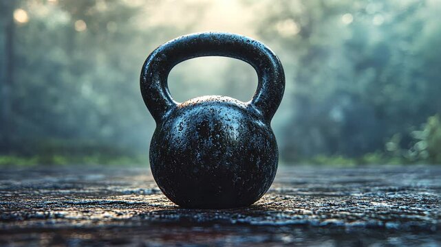 Kettlebell in morning dew: atmospheric fitness inspiration with nature backdrop