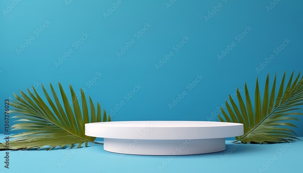 Poster white podium shelf or empty pedestal display on vivid blue summer background with palm leaf pattern.