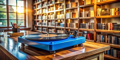 Blue Turntable on Book-Filled Table - Panoramic Room View