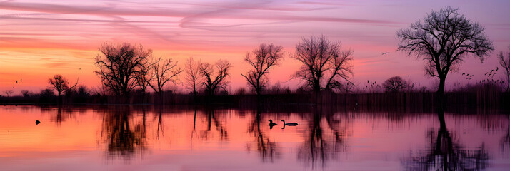 Tranquil Sunset Reflecting on Serene Lake with Silhouetted Trees in the Horizon