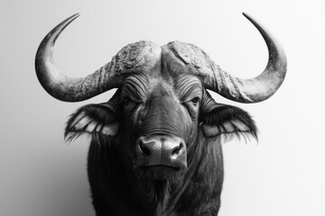 Fototapeta premium Powerful Buffalo Portrait in Black and White with Majestic Horns