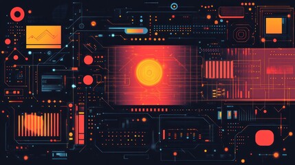 Obraz premium Futuristic circuit board with glowing central display, showing data and charts.