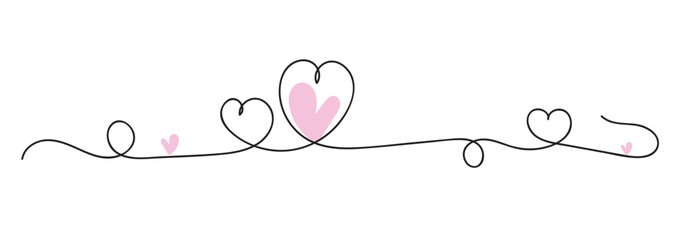Heart and love sign in continuous one line drawing. Thin flourish and romantic symbol in simple linear style. Editable stroke. Minimalistic Doodle , Banner for valentine's day. Abstract hearts.