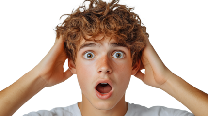 man holding head with both hands shocked expression