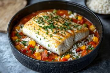 Elegant Mauritanian Thieboudienne, A Flavorful Fish and Rice Dish Presentation