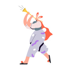 Circus artist performing with a trumpet at a festive event. Clown in a colorful costume blowing a horn, celebrating with music and entertainment at a carnival parade. Isolated on white background