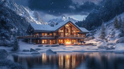 Fototapeta premium Idyllic winter escape: Alpine lodge nestled amidst snowy peaks and serene lake