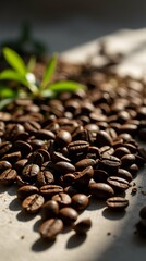 Obraz premium Close-up of scattered roasted coffee beans mixed with dried herbs on a linen cloth