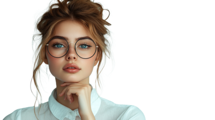 woman wearing glasses with hand holding chin