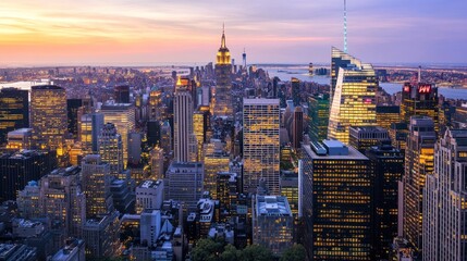 Obraz premium Dramatic Dusk Over New York City: A Vibrant Panoramic Skyline View of Manhattan