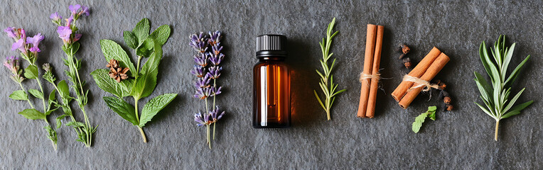 Essential oils and natural herbs for aromatherapy and holistic wellness use