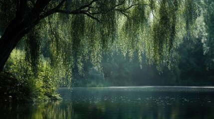 Fototapeta premium Scenic Weeping Willow Draping Elegantly over a Tranquil Lake Surface