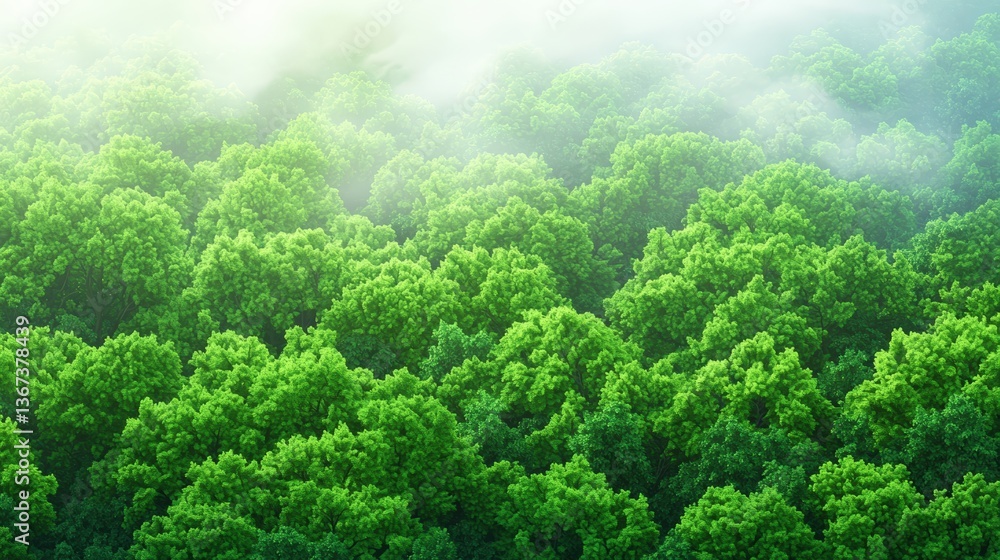 Poster lush green tree canopy with mist, creating a serene and tranquil atmosphere in a dense forest settin