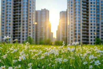 A sunlit rural meadow with blossoming cherry trees, epitomizing the essence of spring