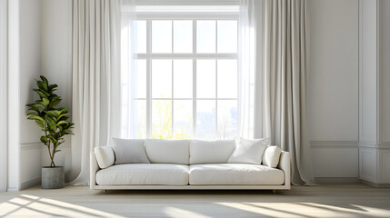 A white living room with a sofa and a window. Minimalist interior design of a modern hom