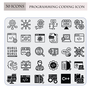 Programming Coding Icon Pack,Vector pack of programming and coding icons, perfect for digital design projects and tech-related content. Ideal for web development, software development, and coding reso