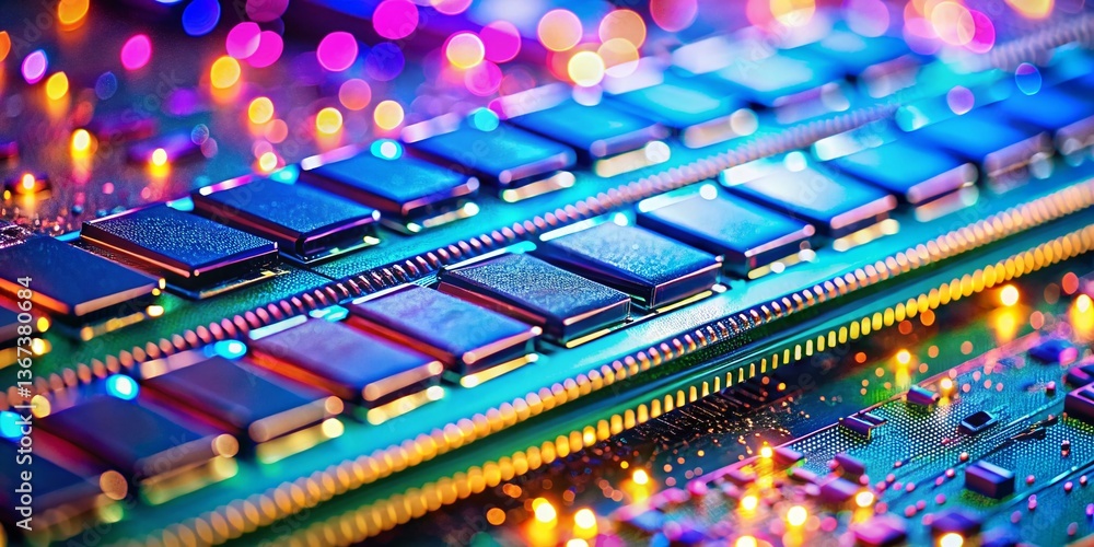 Poster bokeh lights reflecting on ram modules - high-tech data storage concept