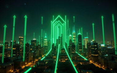 Plakat Green Neon Cityscape Growth Arrows Night Urban Digital Art Trend Modern Future Energy Bright Upward 