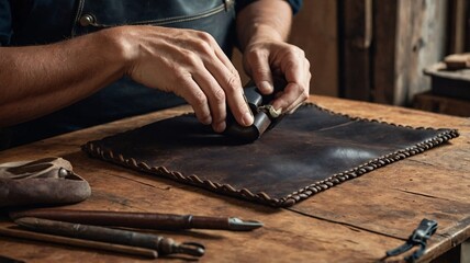 A skilled artisan, focused on leather crafting, meticulously uses tools on a dark leather piece.