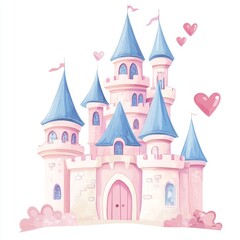 Pink castle with blue details, hearts floating, fairytale scene