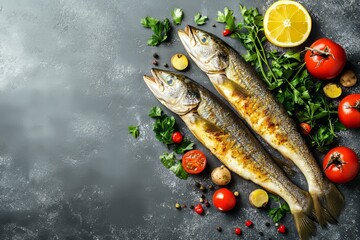 Lemons, tomatoes, and parsley surround fresh fish on a rustic kitchen table