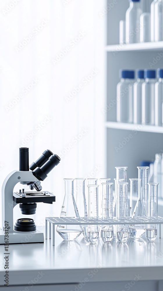 Poster a biological lab bench filled with test tubes, beakers, and microscope slides, with room for copy sp
