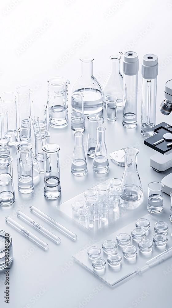 Poster a biological lab bench filled with test tubes, beakers, and microscope slides, with room for copy sp