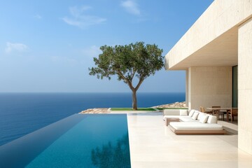 Fototapeta premium Sleek poolside retreat featuring a chic lounger and serene ocean vista at dusk