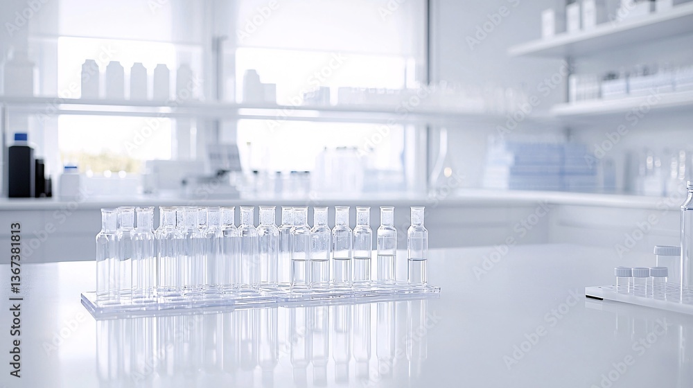 Poster a clean and modern biological laboratory with glass flasks and test tubes arranged neatly, with sign