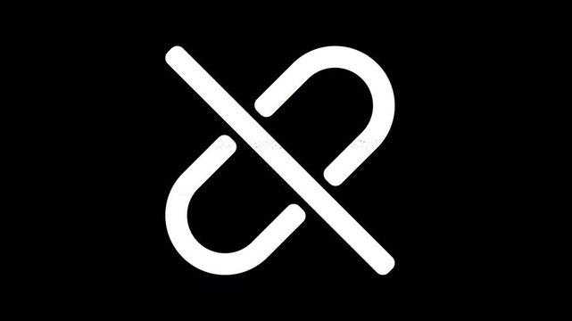 Icon unlink is distorted. Glitch. Noise, chromatic aberration, geometric distortion. Transparent background, looped. In-Out looped. Alpha BW at the end