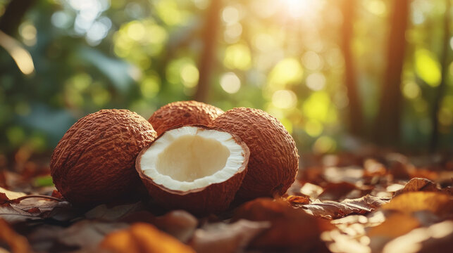 Fresh coconuts on forest floor, sunlight through trees