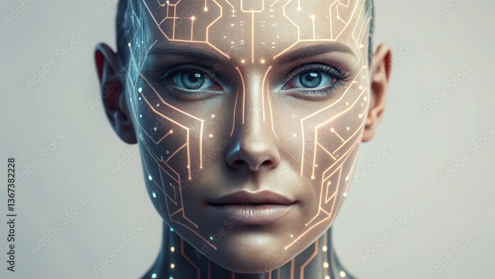 Aufkleber artificial intelligence neural network virtual assistant concept. futuristic woman with a circuit pa