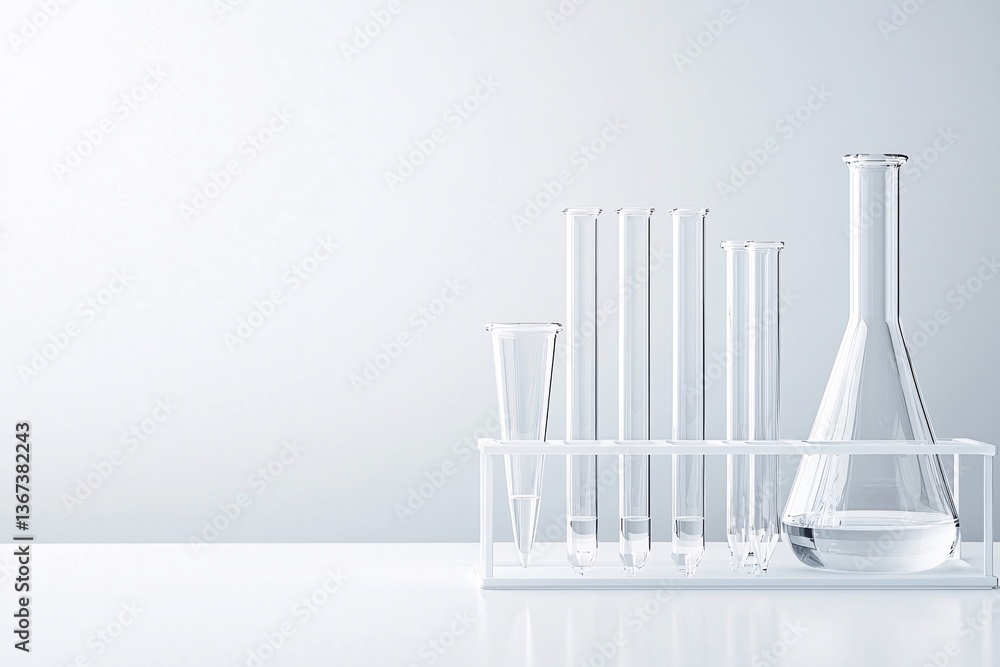 Poster a sterile lab table with test tubes and beakers set up for an experiment, with a clear background an