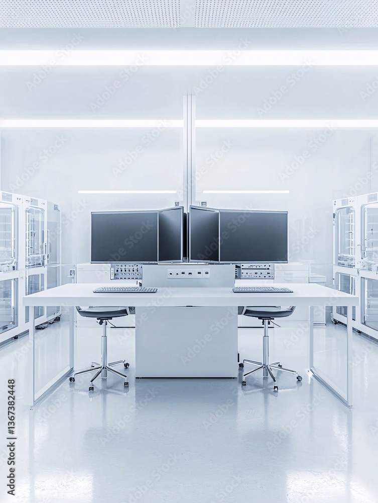 Poster a clean, futuristic biological lab setup with computer monitors and lab equipment, with plenty of sp