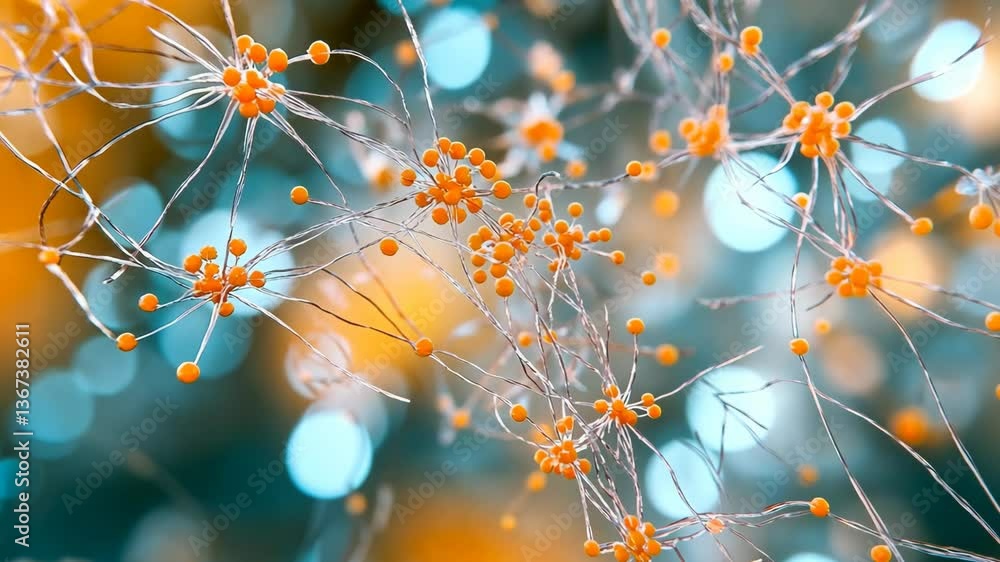 Poster intricate network of orange spheres and delicate filaments illuminated in a vibrant setting