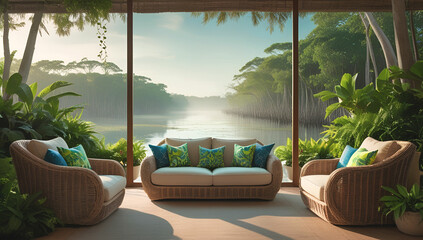 Serene mountain landscape with a lake, house, trees, and clear blue skies reflecting on the calm water