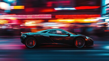 Fototapeta premium Sleek sports car speeding through vibrant city night.