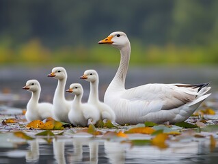 Obraz premium A majestic white goose gracefully sits with her four fluffy goslings amongst autumn leaves on calm water.