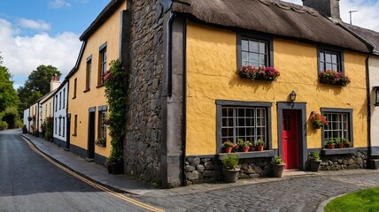 Fototapeta premium Charming yellow cottage with stone accents and vibrant flowers adorning the windows, set along a picturesque country lane.