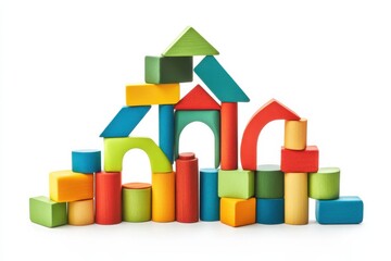 Colorful wooden building blocks arranged creatively in a playful architectural design isolated on transparent background