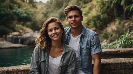 Obraz premium A young couple, a Hispanic man and a Caucasian woman, smile together by a serene green lake surrounded by lush foliage.