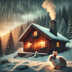 A wooden cottage by a snowy lake in a winter forest