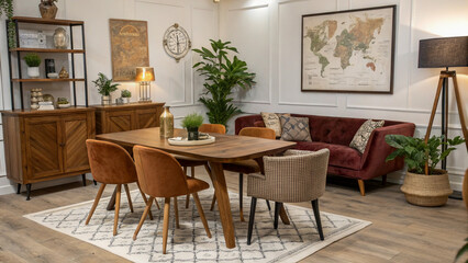 Stylish Dining Area with Plants and Plush Seating