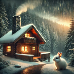 A wooden cottage by a snowy lake in a winter forest