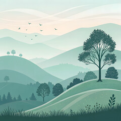 Illustration of a scenic village with houses, trees, mountains, and a bright sky