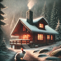 A wooden cottage by a snowy lake in a winter forest