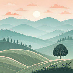 Illustration of a scenic village with houses, trees, mountains, and a bright sky